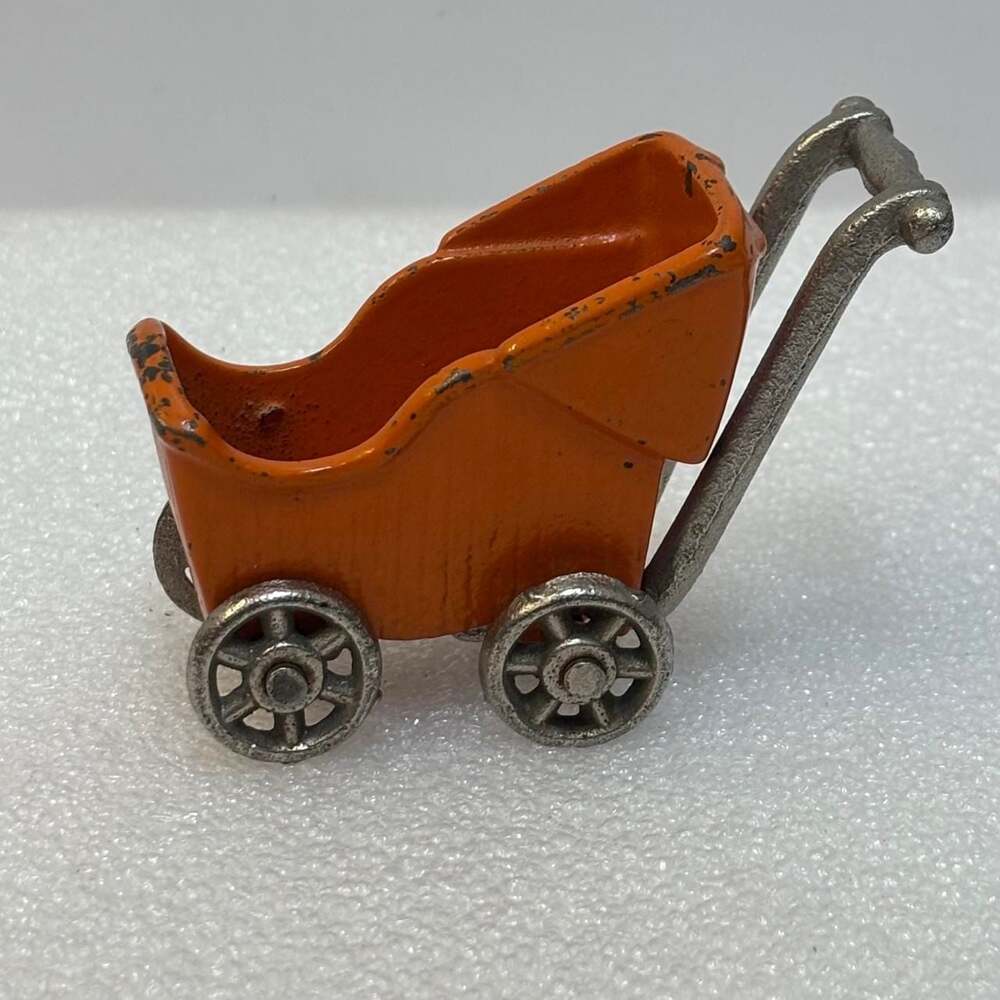 Vintage Kilgore Sally Ann Cast Iron Orange Toy Stroller